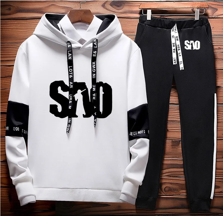 SAO Sword Art онлайн печатные толстовки мужские повседневные толстовки Harajuku модные уличные мужские толстовки брюки костюм 2 шт спортивная одежда - Цвет: Белый