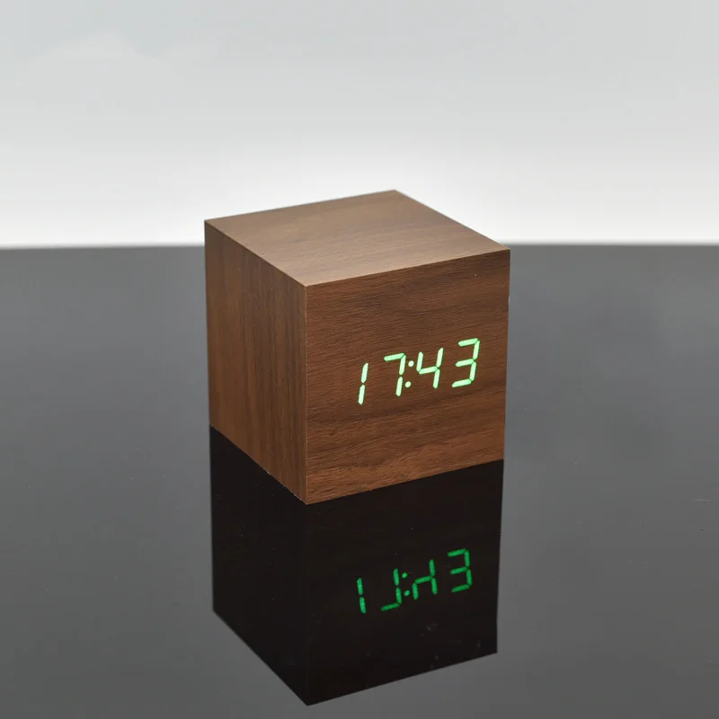 

Creative Digital Electronic Mini Alarm Clock Temperature Acoustic Control Sensing LED Wooden Square Table Clock For Kids Desk