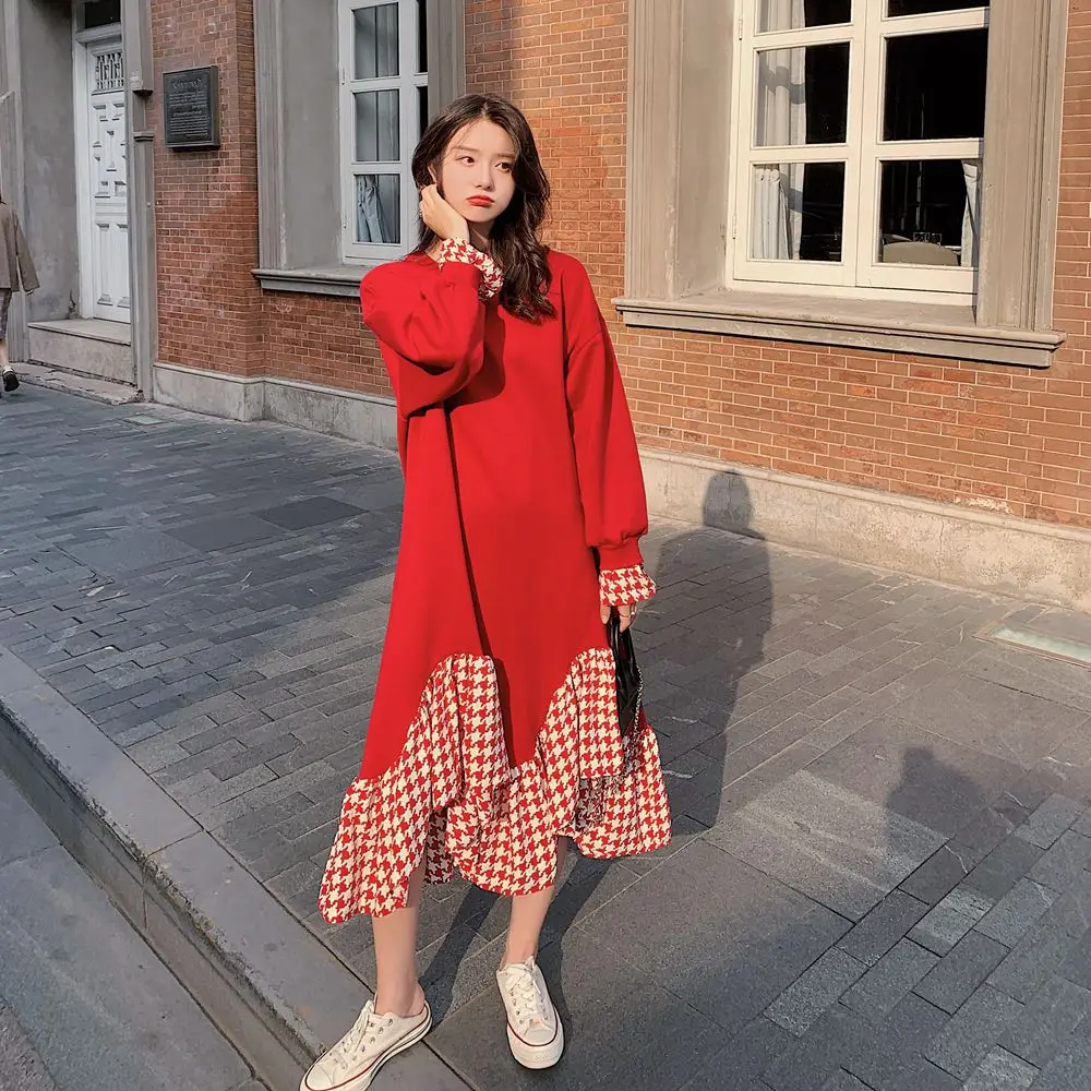 

Photo Shoot Korean-style Thousands of Birds Joint Hoodie Dress 2020 Spring New Style Retro CHIC Wind Irregular Dress Women's