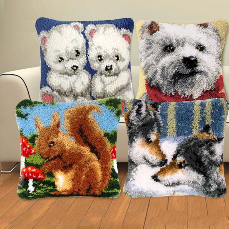  Cute Animal Series Latch Hook Pillow Kits DIY Segment Embroidery Materials Package Coarse Wool Cros - 4000211192735