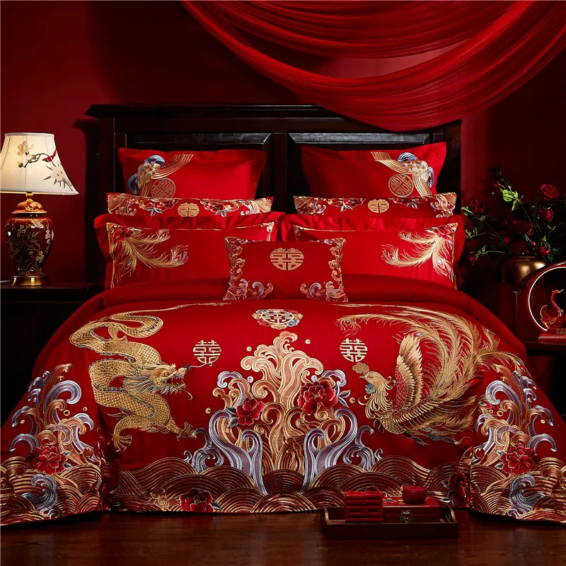 Роскошные 100S Египетский хлопок красный китайский свадебный комплект постельного белья дракон феникс вышивка пододеяльник простыня покрывало наволочка|Наборы постельного белья|   | АлиЭкспресс