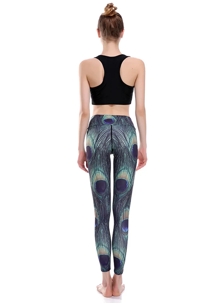 Облегающие женские леггинсы с перьями павлина, для занятий спортом, на бедрах, дышащие, супер-эластичные, сухие, девять точек