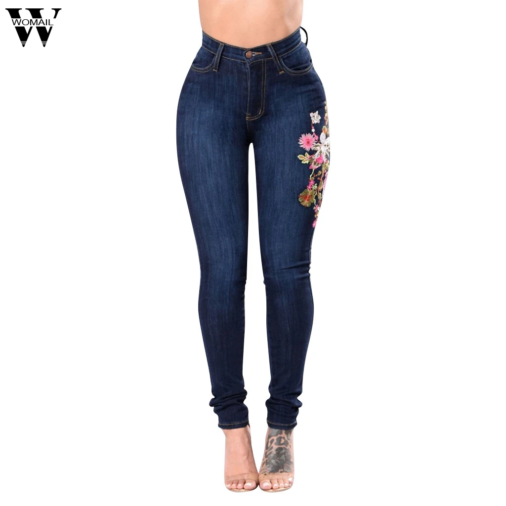 

Womail 2019 stretch Embroidered Jeans For Women Elastic Flower Jeans Female Slim Denim Pants Hole Ripped Rose Pattern Jeans