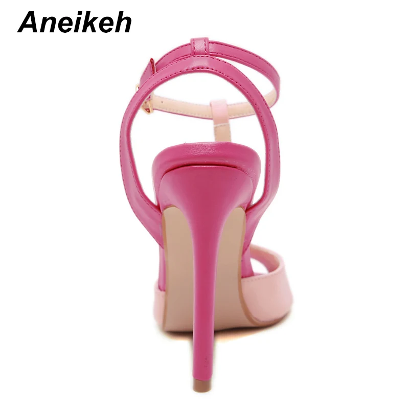 Aneikeh/ г. Новые милые женские босоножки из искусственной кожи обувь на высоком тонком каблуке однотонная офисная танцевальная обувь на шпильке с открытым носком и ремешком с пряжкой розового цвета, размеры 35-42