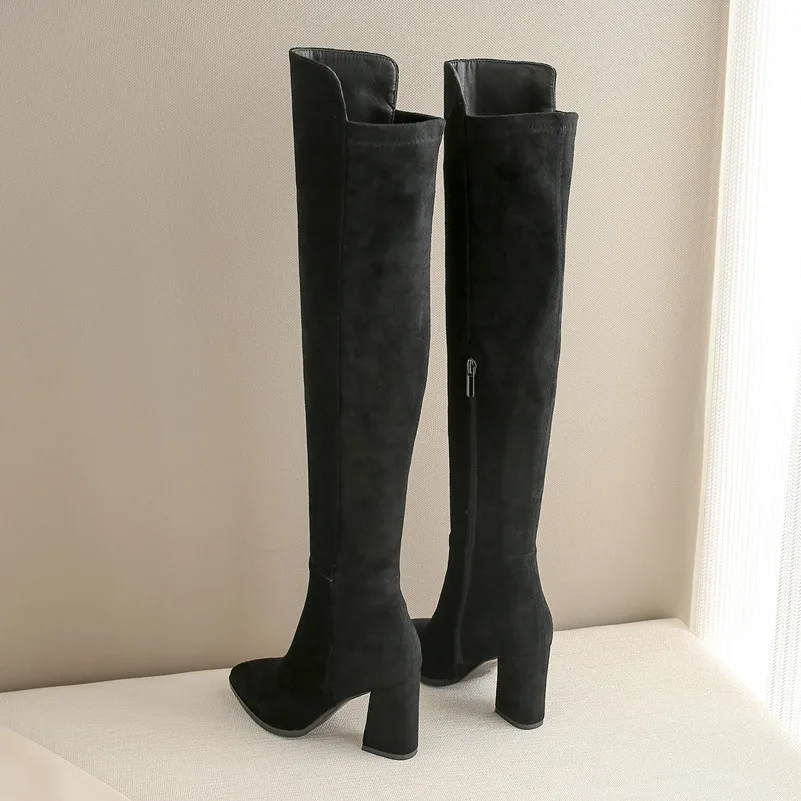 ANNYMOLI Autumn Thigh High Boots Women Cow Suede Square Heel Over The Knee Boots Zip Extreme High Heel Shoes Lady Winter Size 39