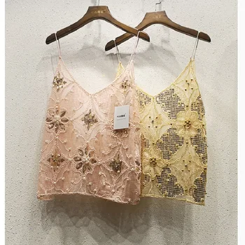 

ins Spring Summer Girls Beading Diamond Sequined Short Camis Women Slim V-Neck sequin Tank Top Sexy Mesh straps halter top Vest