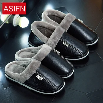 

ASIFN Big Size Men Winter Slippers with Fur Women PU Leather Waterproof Warm Home Slipper Male Indoor Cotton Flip flops Shoes