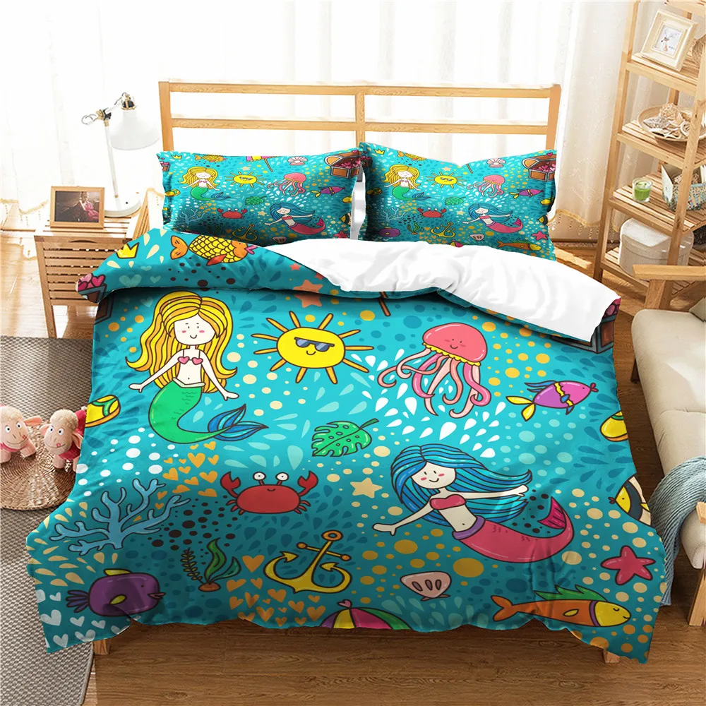 

Cartoon Bed Linen Mermaid Underwater World Printed Duvet Cover Set Bedroom Clothes Quilts and Bedding with Pillowcases for Kids
