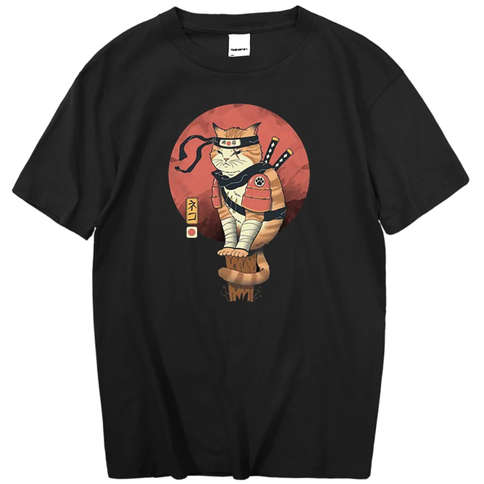 Man Tshirts Ninja Punk Japanese Vintage Summer Short-Sleeve Cool Cat-Printing