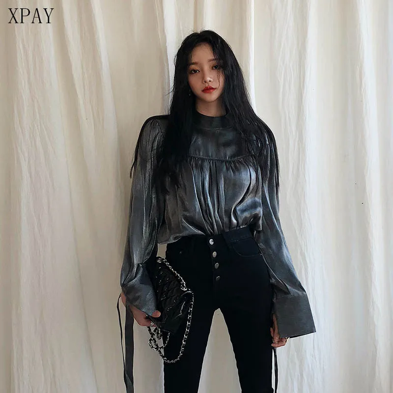 

2020 Summer New Long Sleeve Simple Shirt Female Plus Size Chic Stand Split Lace-Up Sweet Blouse Casual Loose Office Lady Shirts