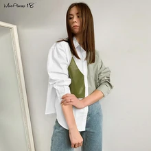 

Mnealways18 Vintage Splicing Leather Oversized Shirts Women Long Sleeve Asymmetrical Ladies Blouse Lapel Breasted Patchwork Tops