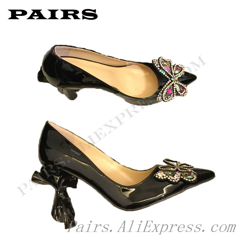 

Luxury Shoes Women Designers Black Heels Pumps Women Real Leather Shiny Strange High Heel Crystal Butterfly Shoes Plus Size 43