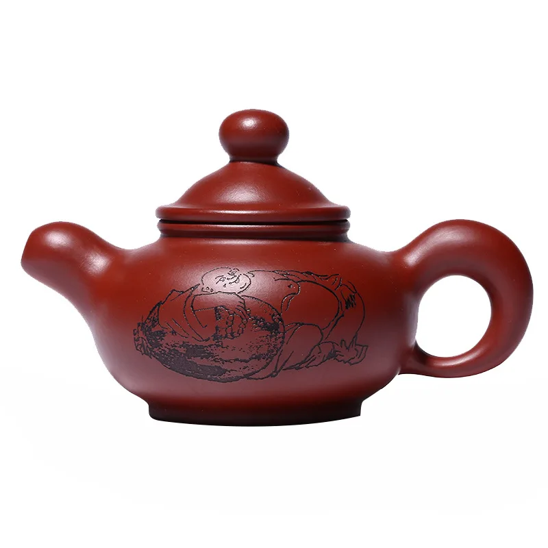 Dahongpao Carved and Painted Taohong Teapot, Zisha Teapot, Yixing Handmade Pot, Kung-Fu Teaware, Purple Clay Drinkware for Puer