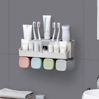 

simple automatic squeeze toothpaste device toothbrush holder set free punching toothbrush slots toiletries bathroom tools LFB988