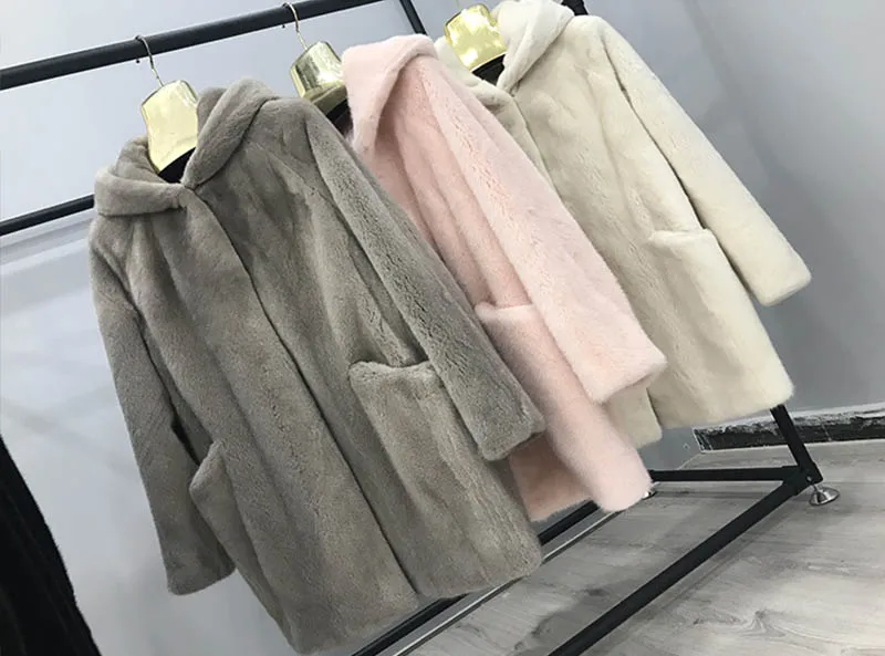 Ftangaiur Winter Import Velvet Mink Fur Coat With Fur Hood Full Pelt Natural Fur Coat Women's Medium Real Mink Fur Coats