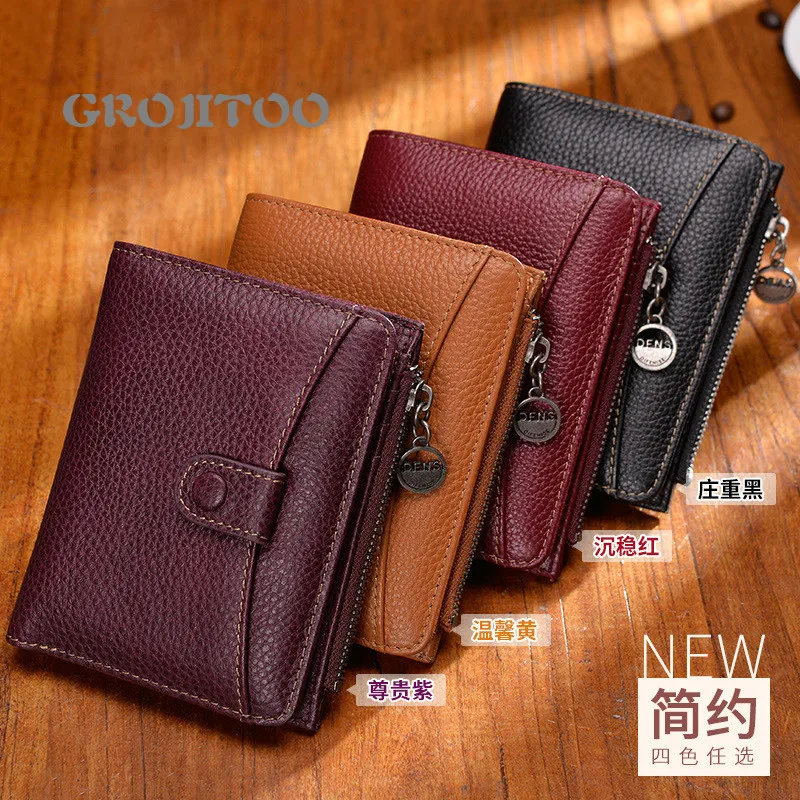 

GROJITOO Women's zipper purse short leather wallet two fold Thin Wallet cowhide buckle small change wallet