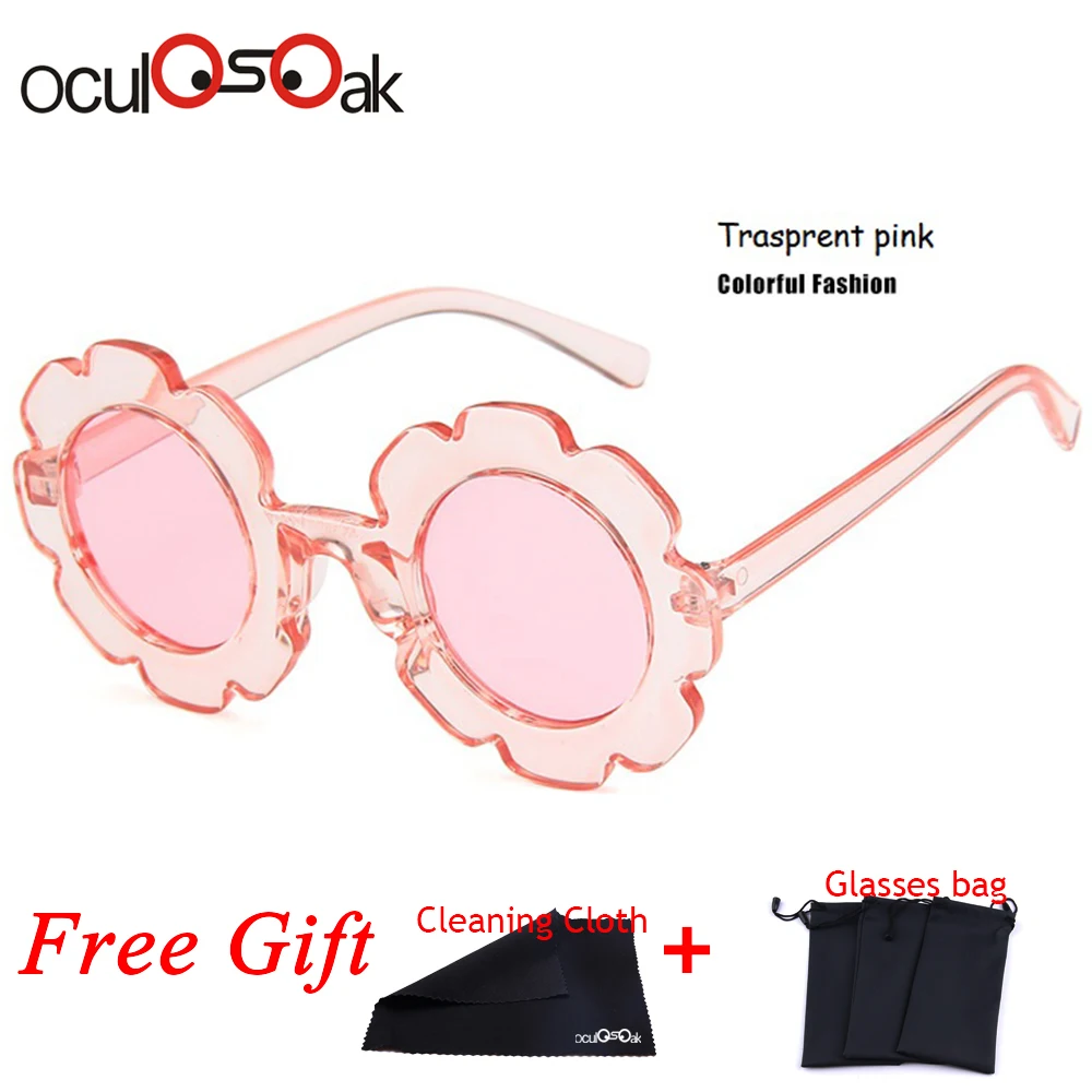 clear pink Милые солнечные Круглые Солнцезащитные очки с цветочным рисунком для детей, для мальчиков и девочек, детские очки с защитой от УФ-лучей, подарок для детей, UV400 - Цвет линз: clear pink