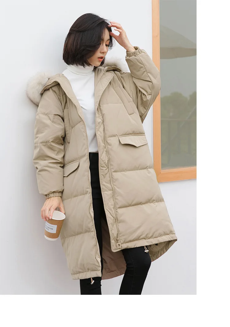 South Korea Dongdaemun Autumn& Winter New Style Simple White Duck down Fox Fur Long Hooded down Jacket Women's W077