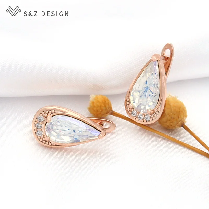 S&Z DESIGN New Colorful Water Drop Crystal Dangle Earrings Rose Gold Color Cubic Zirconia Eardrop For Women Wedding Jewelry Gift