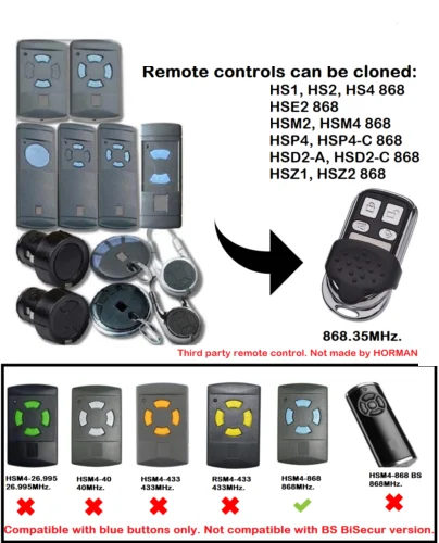 HORMANN HSM2 HSM4 Blue Buttons Cloning Remote Control Replacement 868 MHz Fob 