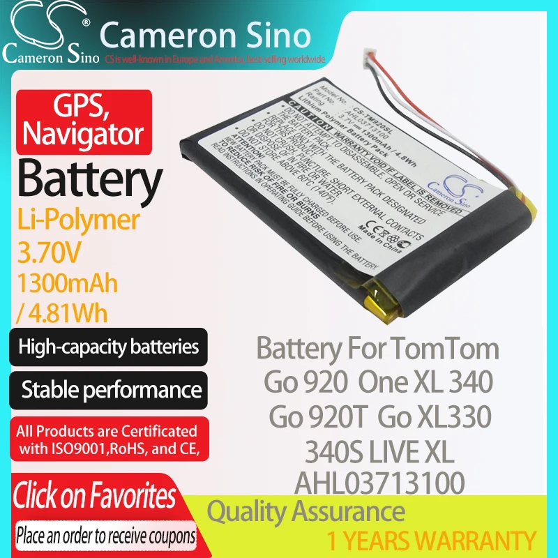 CameronSino Батарея для TomTom Go 920 920T XL330 One XL 340 340S LIVE подходит навигатора AHL03713100 GPS
