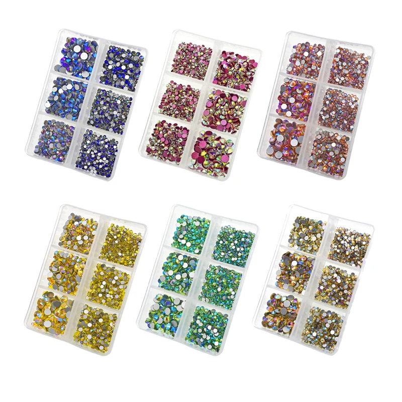 독특한 크리스탈 AB 1350 개/상자 믹스 크기 ss6-ss20 strass 비 핫 수정 라인 석 평면 다시 돌 유리 글리터 네일 다이아몬드 세트