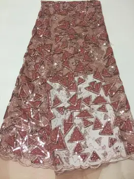 

Rose Gold Pink New French Nigerian sequins net lace,African velvet tulle mesh Sequence lace fabric for wedding dress 5yards/lot