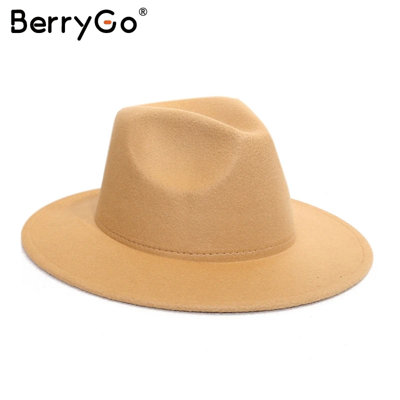 Хаки BerryGo широкоугольная шерстяная Фетровая Шляпа Fedora женская элегантная осенне-зимняя шляпа от солнца винтажная Дамская Черная джазовые шляпы уличные шапки - Цвет: Хаки