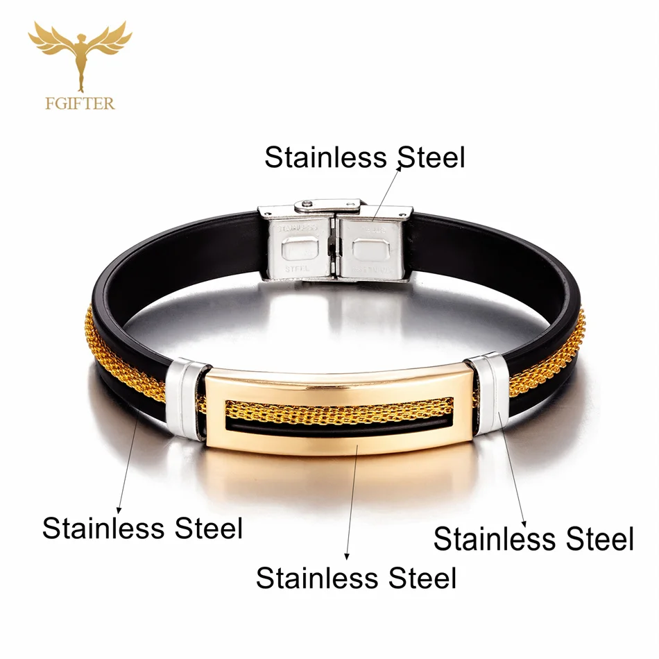 Men Stainless Steel Bracelets Black Silicone Wristband Belt with Golden Chain Cool Wrap Cuff Bangle Fashion Jewelry Accessories bangle bracelet,chain bracelet,stainless steel bracelet