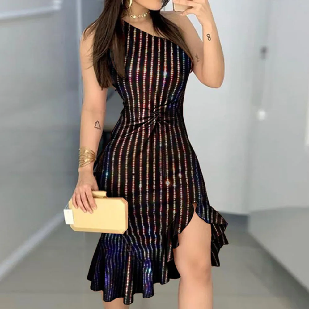 

Asymmetric Pleated Mermaid Dress Sexy One Shoulder Backless Striped Shiny Cocktail Party Dresses Summer African Midi Robe