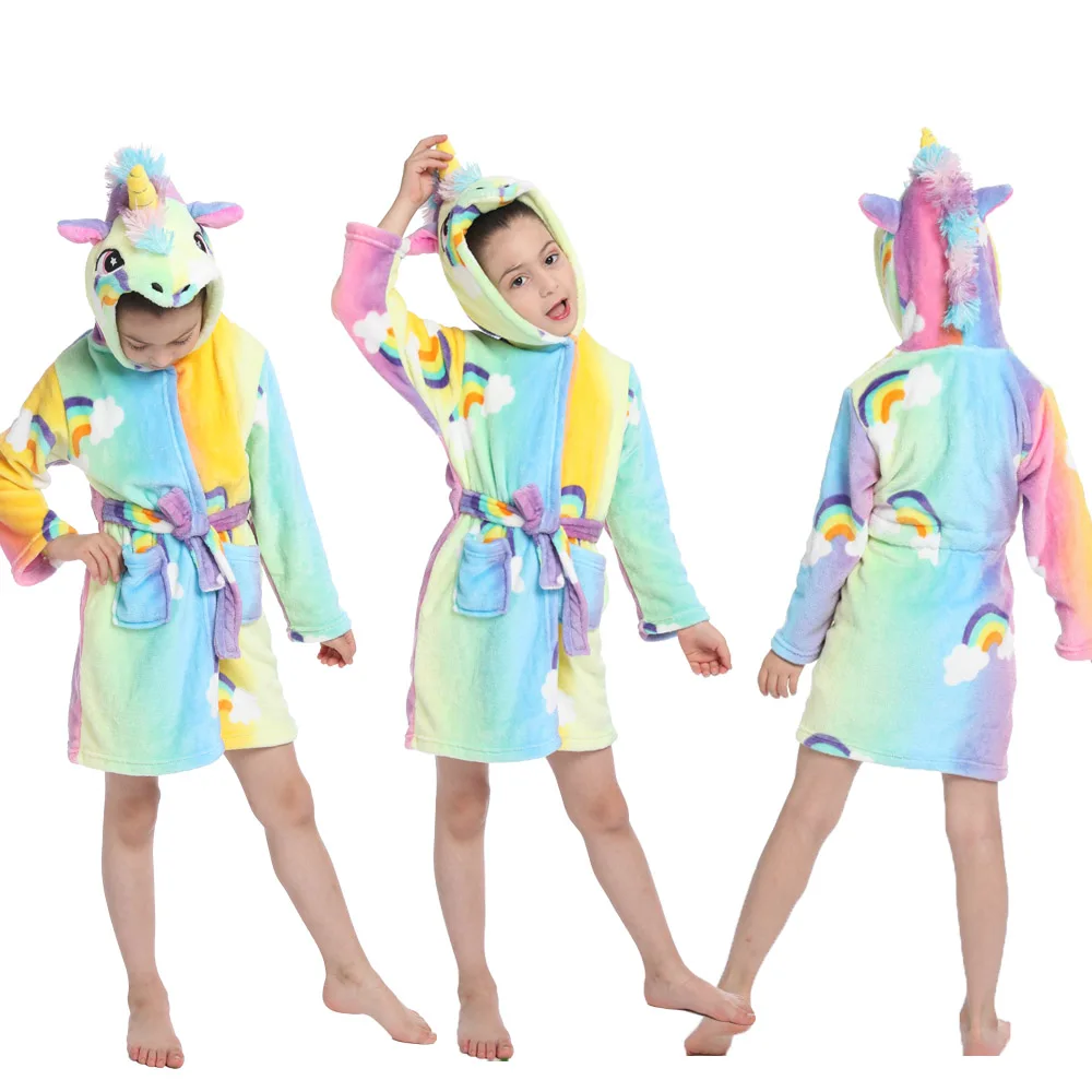 Girl Robes for Kids Winter Bathrobe Unicorn Pajamas Rainbow Pink Purple Sleepwear Girl's Dressing Gown Flannel Hooded Towel Robe baby robe and slippers