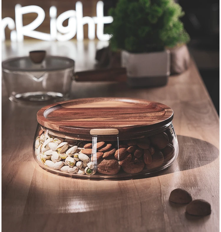 Transparent Glass Stylish Borosilicate Fruit Bowl With Real Bamboo Top - 7.9Inch