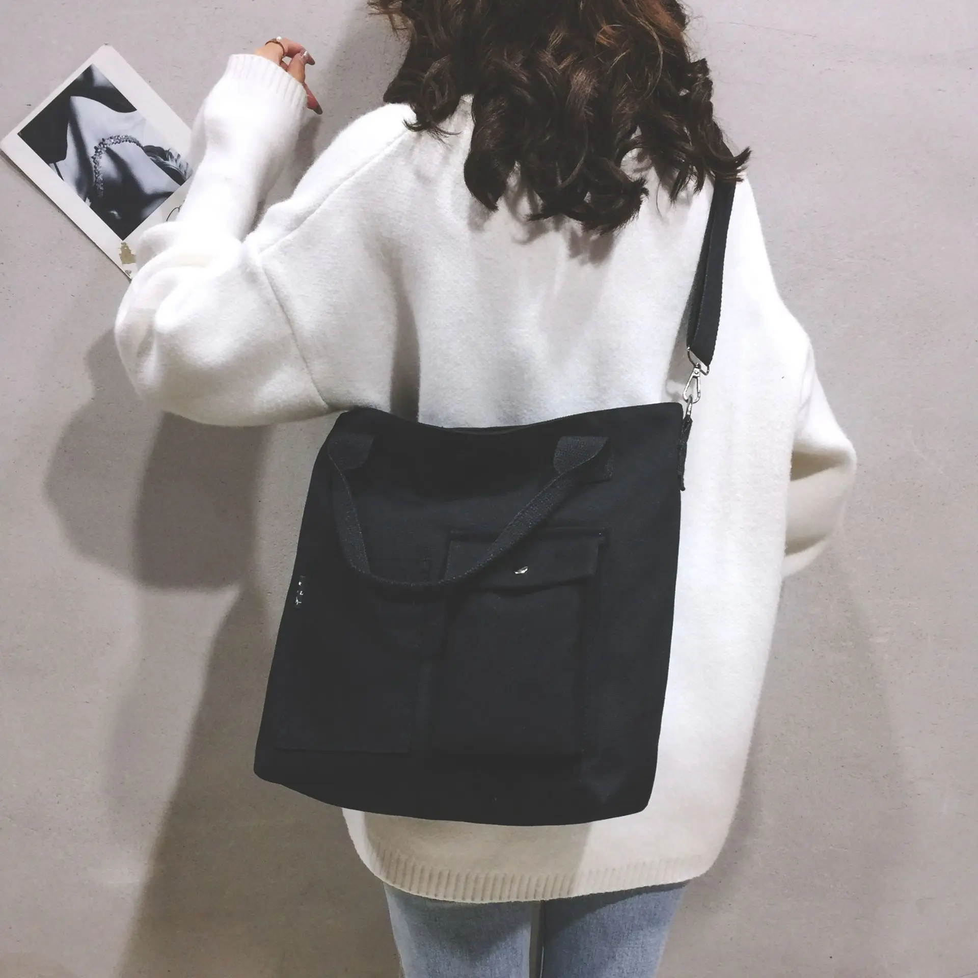 

Canvas Bag Women's New Style Fashion outside Pocket Large Capacity Canvas Messenger Bag Trend Versatile Handbag