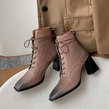 

CIALISA Women Boot New Genuine Leather Autumn Winter Square Toe Thick Heel Shoes 2020 Fashion High Heel Lace Up Ankle Boot Women
