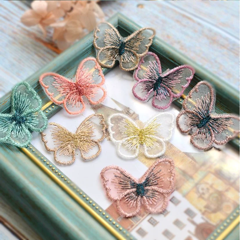 Vibrant Gold Thread Embroidered Butterfly Patches - Set of 10 in 14 Colors for Garment Embellishment
