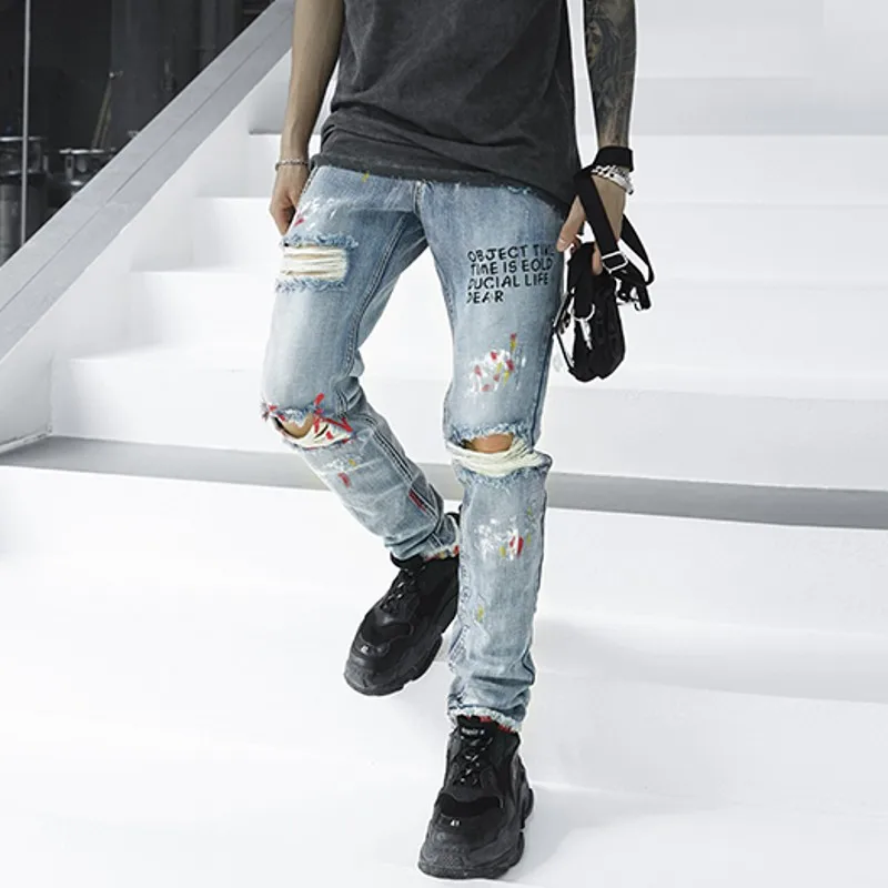 Хип-хоп мужские рваные джинсы с принтом уличная одежда синие прямые облегающие