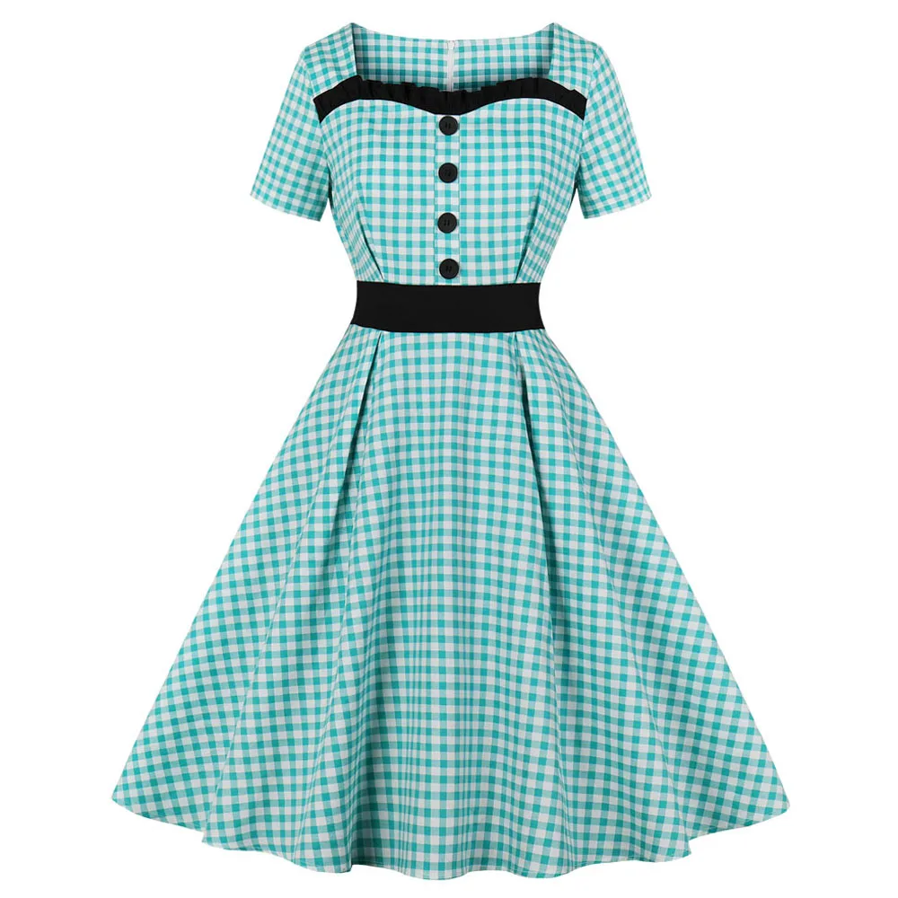 

Plaid Print Women Dress Plus Size Short Sleeve Front Buttons Woman Clothes Retro Vintage Dress 50s Party Rockabilly Pin Up Dress
