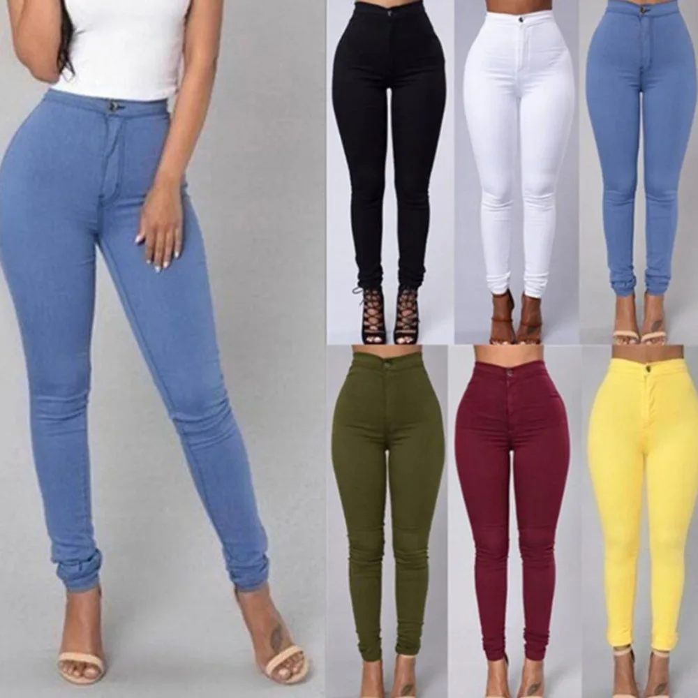 Women Sexy Elastic Wasit Skinny Pencil Pants Candy Color Stretchy Cotton Pants Capris Casual Pocket Bottoming Pants Trousers
