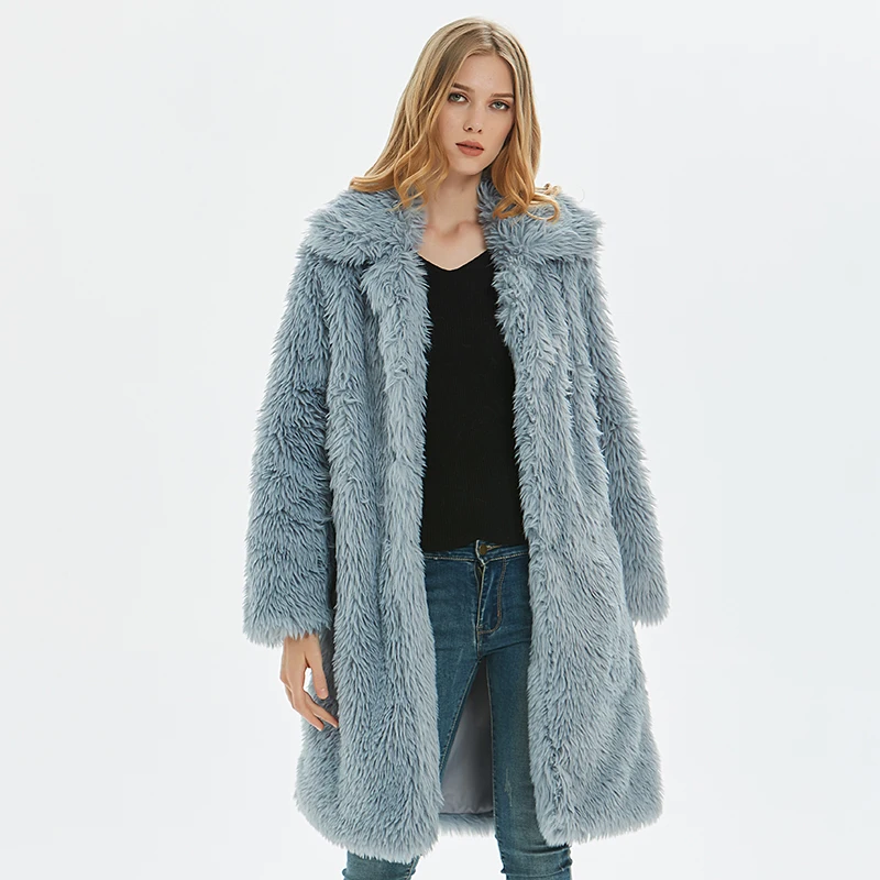 dark blue Зимнее женское пальто из искусственного меха, роскошное длинное меховое пальто, Свободное пальто с отворотом, толстое теплое женское белое плюшевое пальто, меховая длинная куртка, верхняя одежда - Цвет: dark blue