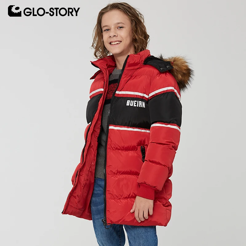

GLO-STORY Casual Boy Long Parkas with Fur Hooded Patchwork Zipper Pocket Children Thick Winter Coats 2019 New 134-170cm BMA-9197