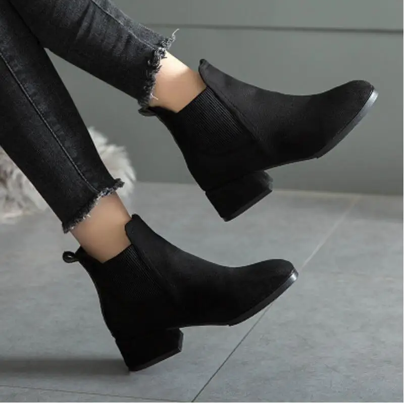 Autumn Winter Boots women Camel Black Ankle For Women Thick Heel Slip On Ladies Shoes | Обувь