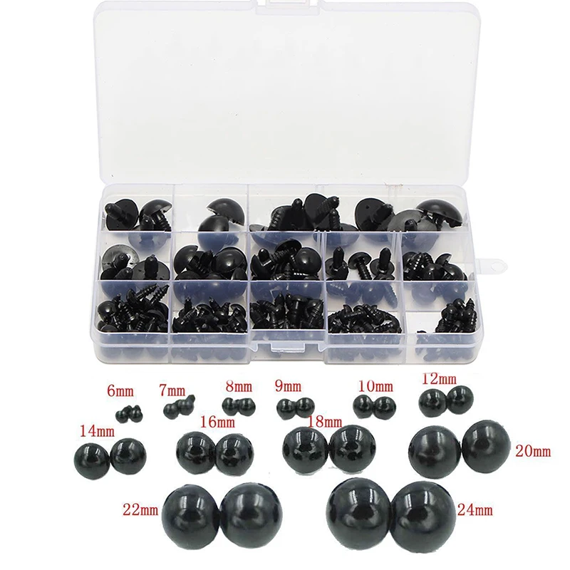 154pcs 6-24mm Black Plastic Safety Eyes Washers Teddy Bear Doll Animal Crafts