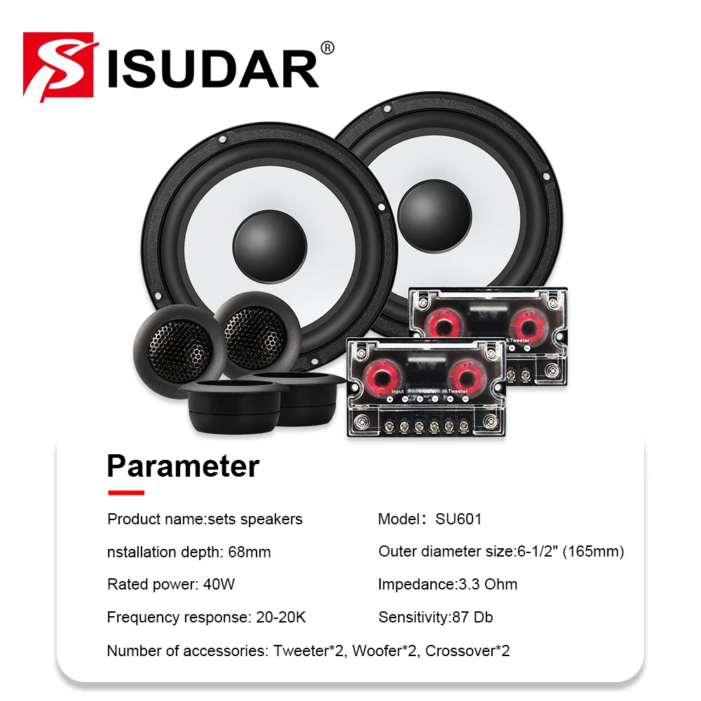 ISUDAR SU601 Car Component Speaker System 6.5 Inch 2 Way Vehicle Door Auto Audio Stereo Speakers Set HiFi With Tweeter Crossover