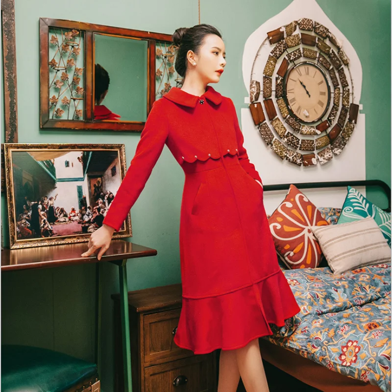 Winter Red Woolen Coat Vintage Chinese Style Slim Doll collar Women Wool Overcoat New Rivet Stitching False Two Piece Outerwear