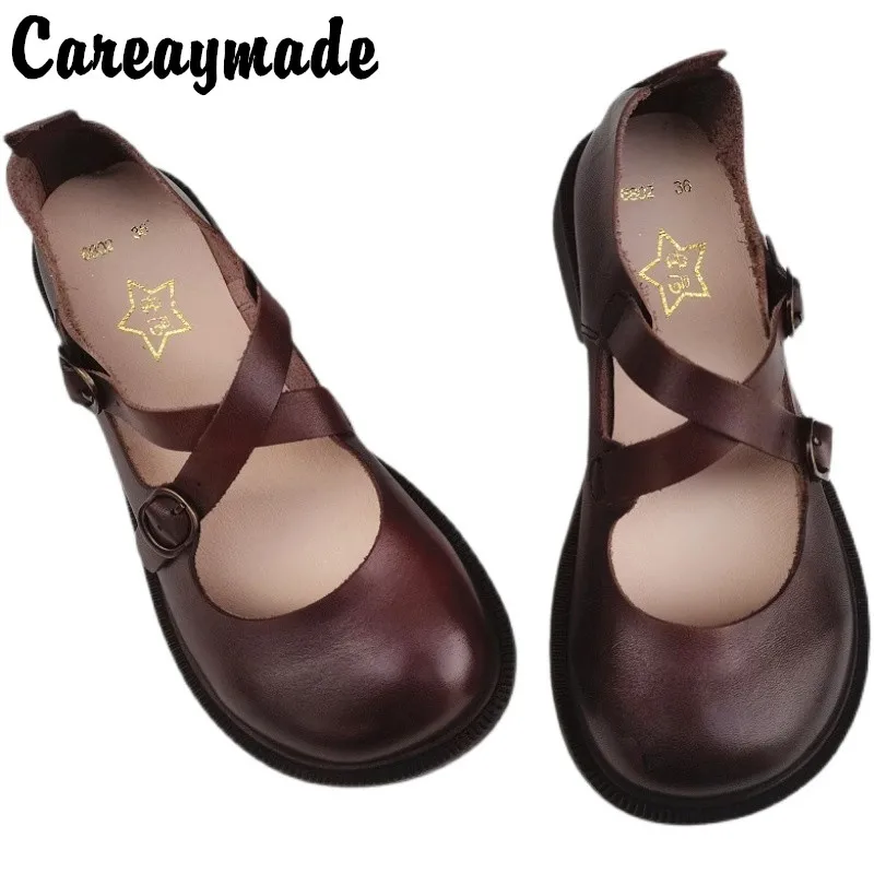 Careaymade-Genuine leather big shoes retro literature art wide edition women's shoes original single shoes breathable flat soft