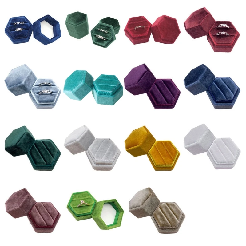 

Velvet Double Ring Box Hexagon Wedding Ceremony Ring Box with Detachable Lid R9JE