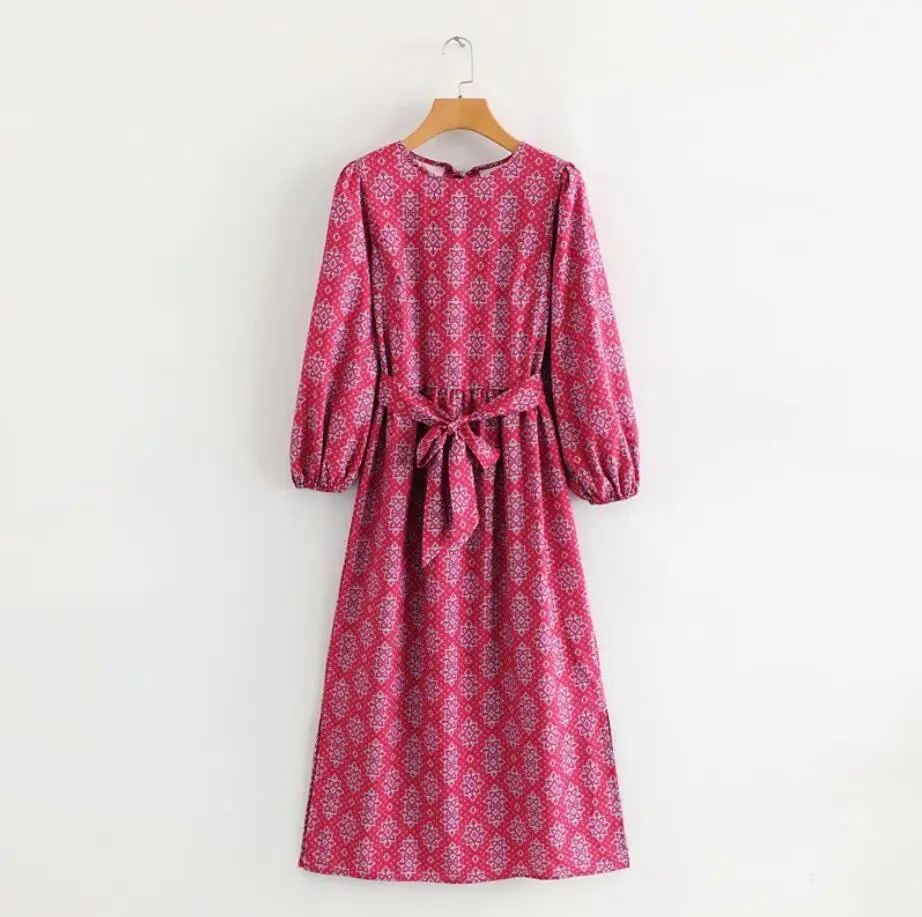 

Vintage Geometric Printing Side Slit Women Midi Dress Leisure Female Long Sleeve Dresses Autumn Ladies Streetwear