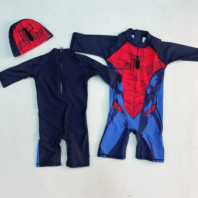 Принт супергероев, купальник детская одежда для плавания, детский купальный костюм Цельный купальник Бэтмен, купальник в Стиле Человека-паука с шапочкой Sw
