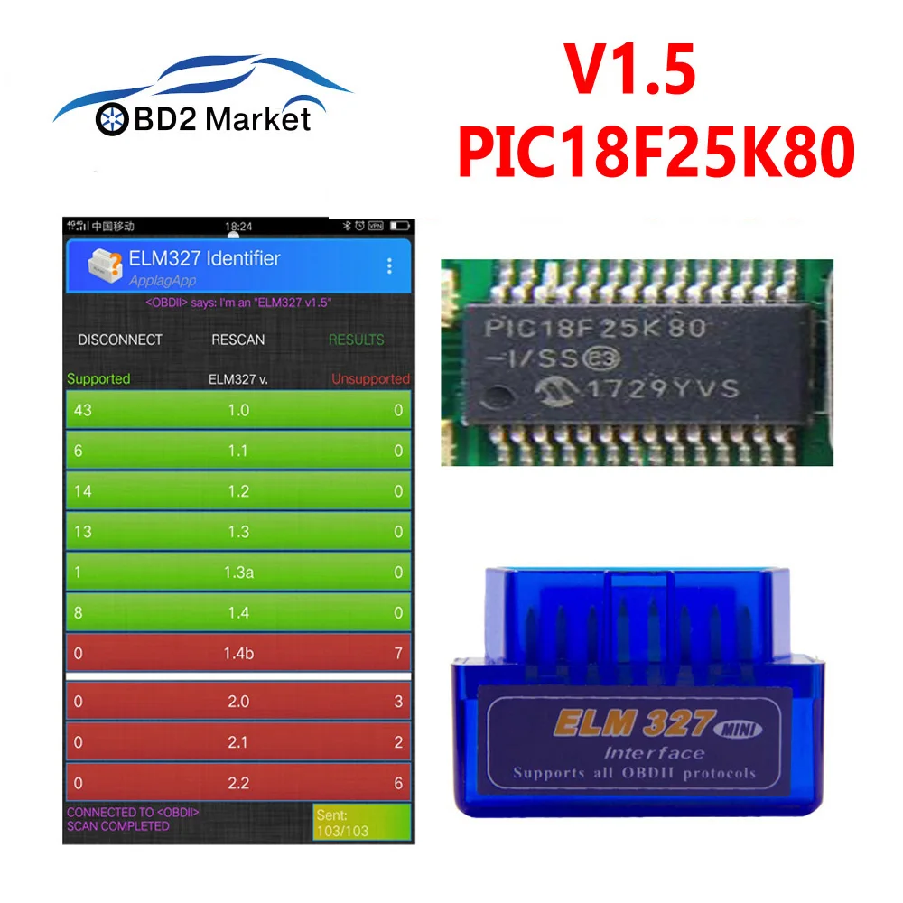 Диагностический инструмент ELM327 V1.5 PIC18F25K80 obd2 BT-Wireles сканер для диагностики
