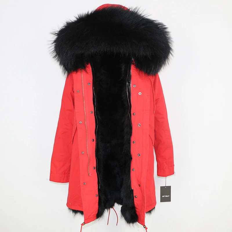 red black D Женская парка на натуральном меху OFTBUY, черное пальто с натуральным лисьим мехом, с капюшоном с отделкой из меха енота, толстая теплая уличная одежда, зима - Цвет: red black D